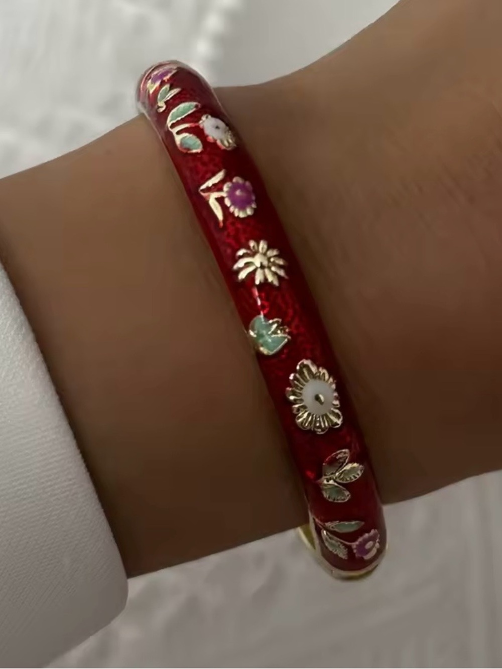 Red Floral Enamel Bangle Bracelet with Gold Accents